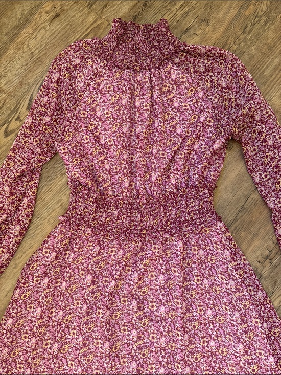 o.p.t Dresses & Skirts - High-Neck Floral Smocked Long-Sleeve Midi Dress in Berry Pink